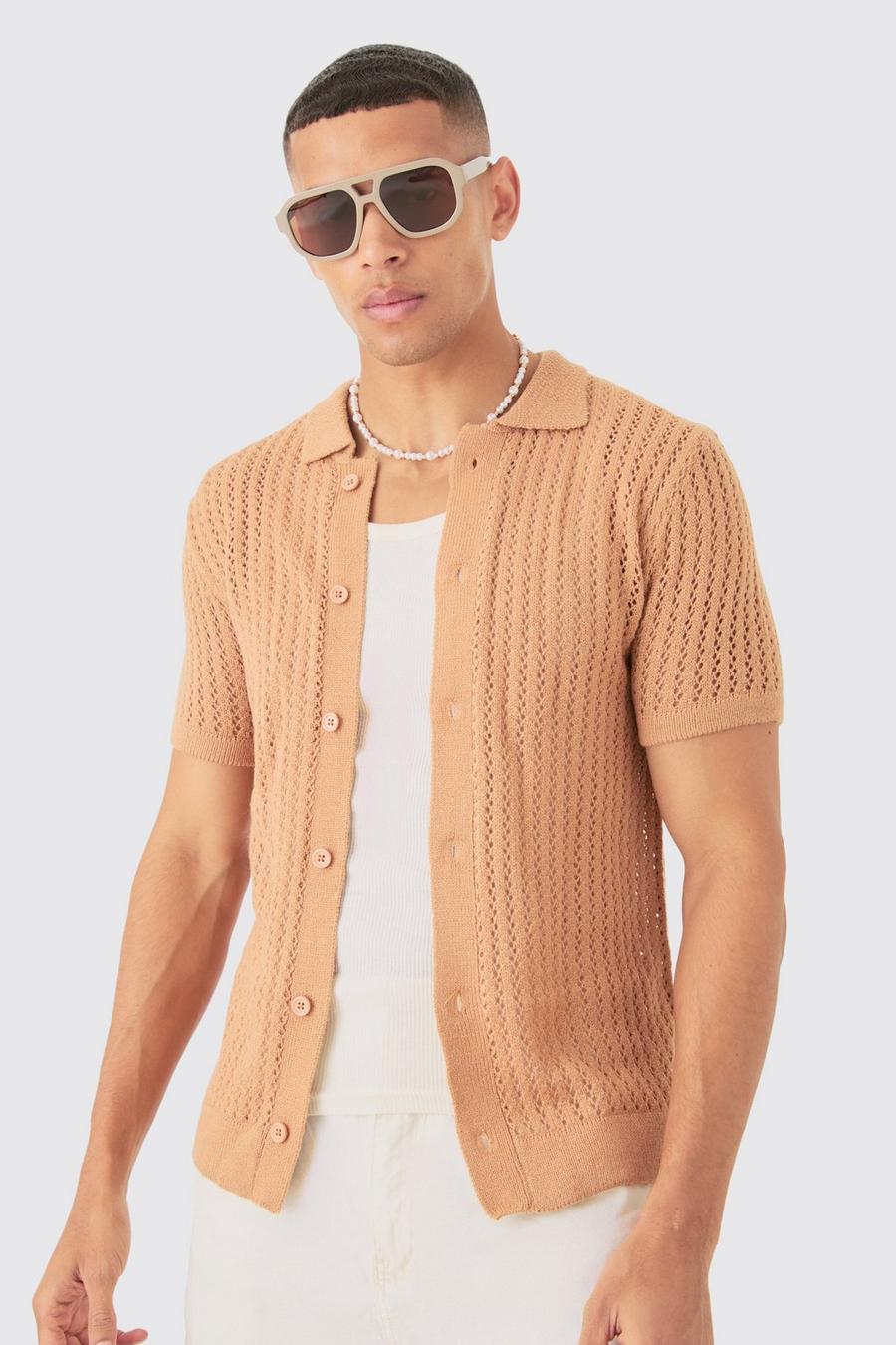 Open Stitch Short Sleeve Knitted Shirt In Taupe image number 1