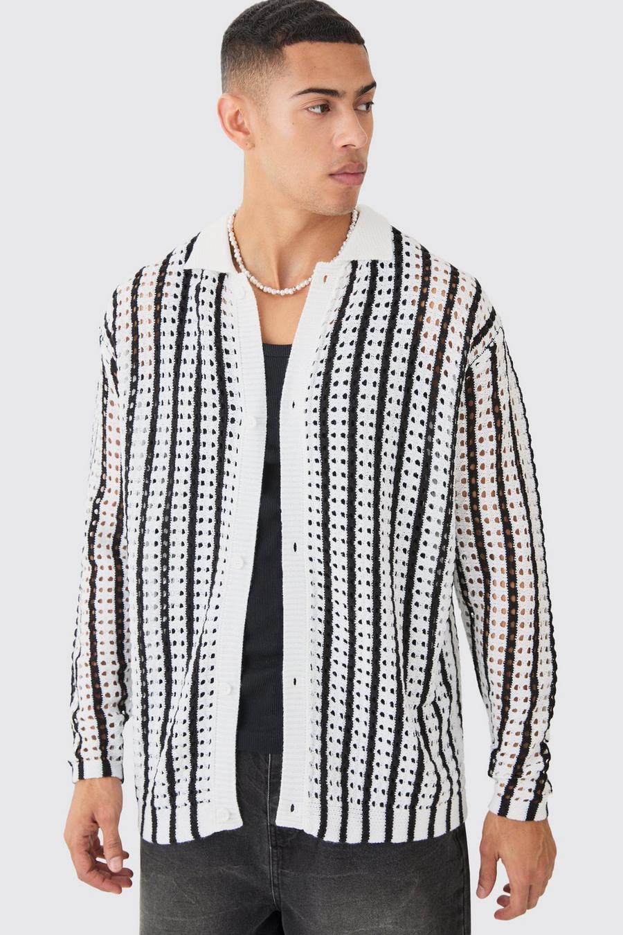 Camisa oversize de croché y manga larga con rayas en color crudo, Ecru