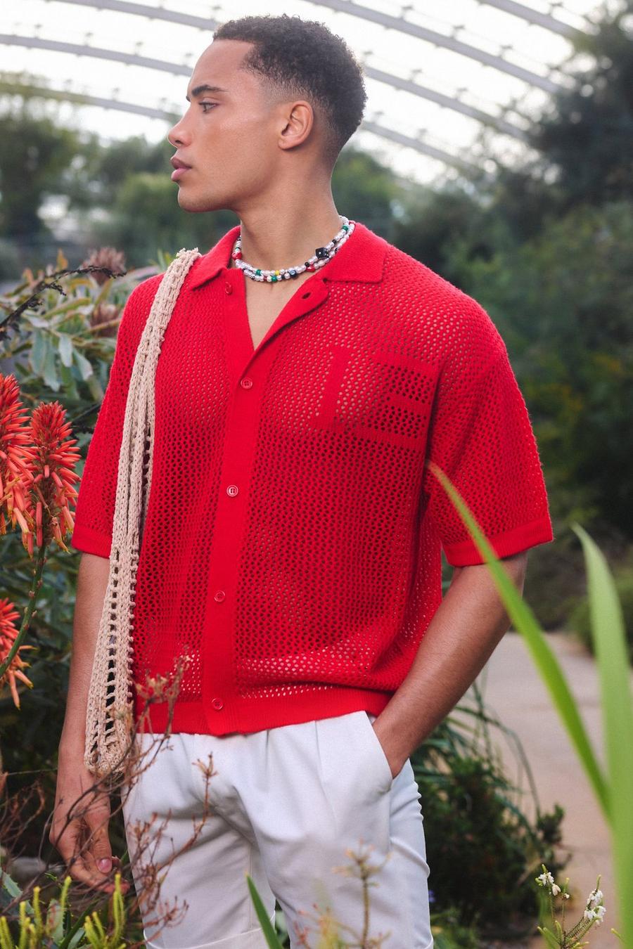 Short Sleeve Boxy Open Stitch Varsity Knit Shirt In Red image number 1