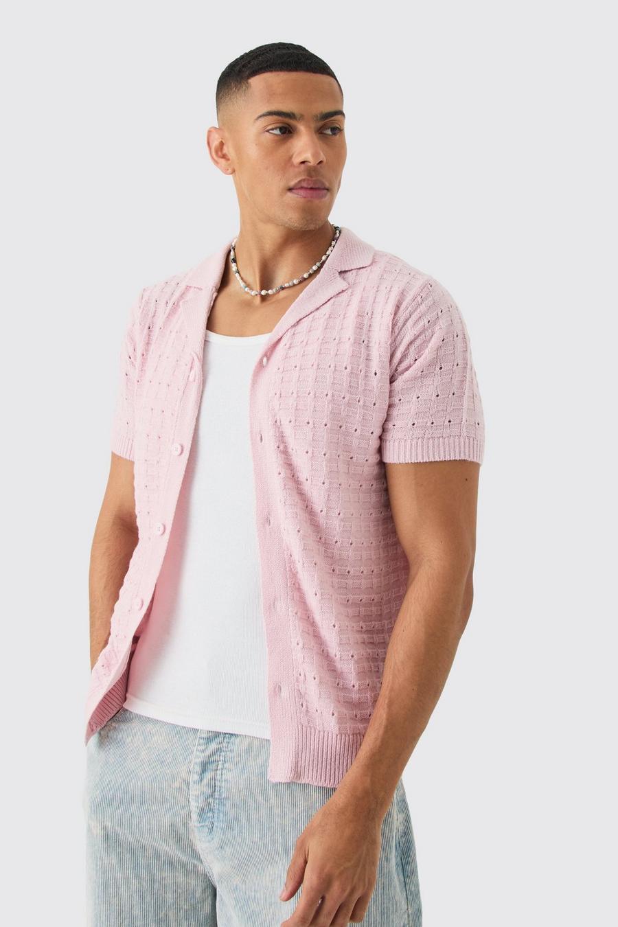 Pale pink Open Stitch Button Down Knitted Shirt In Pink
