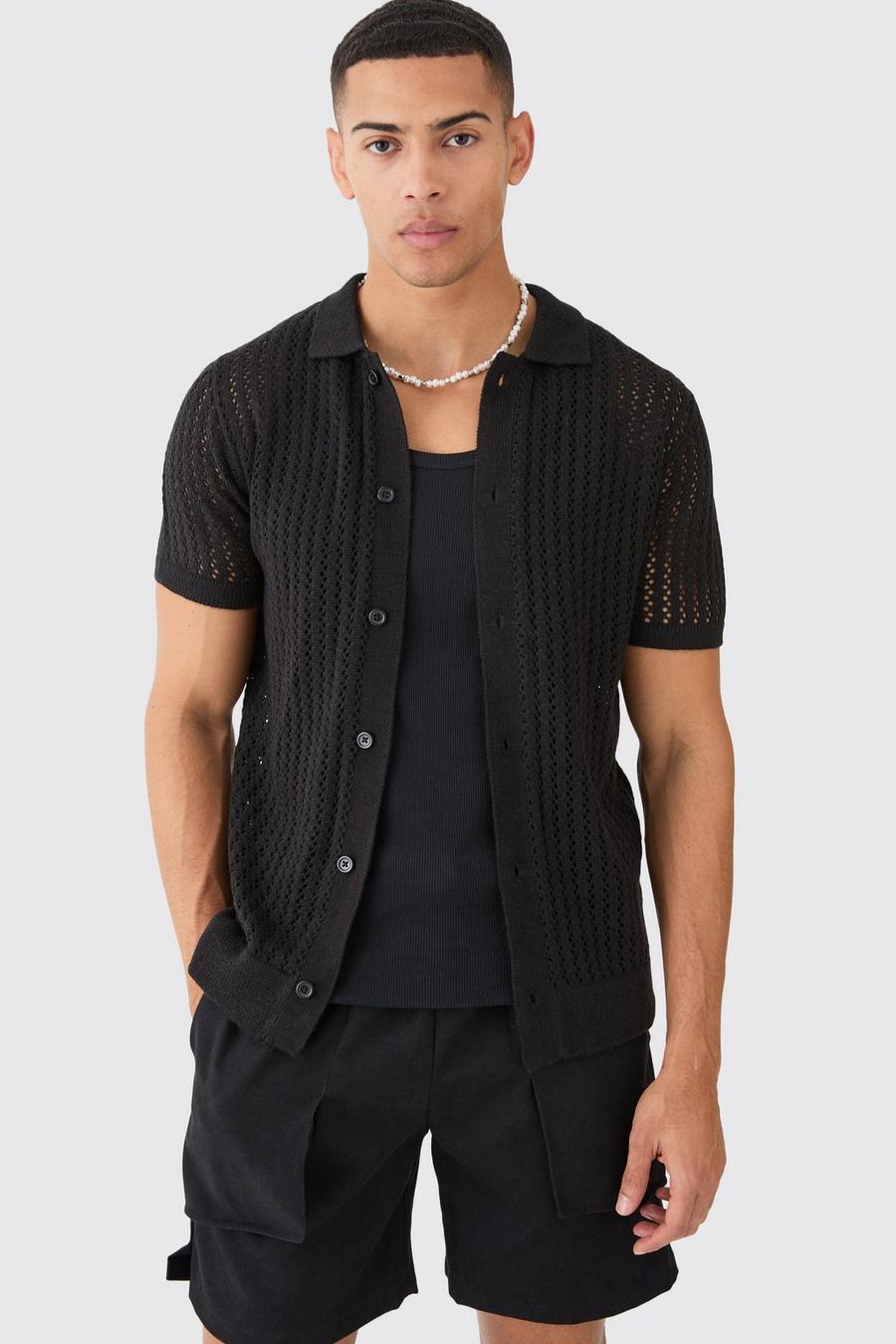 Open Stitch Short Sleeve Knitted Shirt In Black image number 1