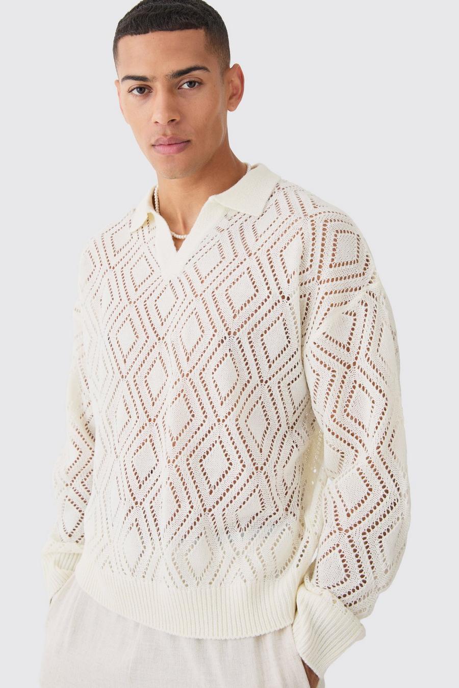 Long Sleeve Boxy Fit Revere Open Knit Polo In Ecru image number 1