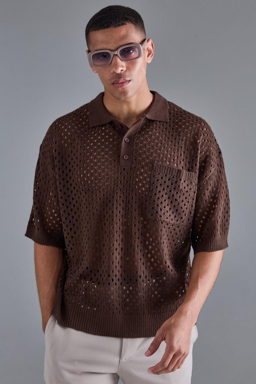 Kastiges gehäkeltes V-Ausschnitt Poloshirt in Braun, Brown image number 1