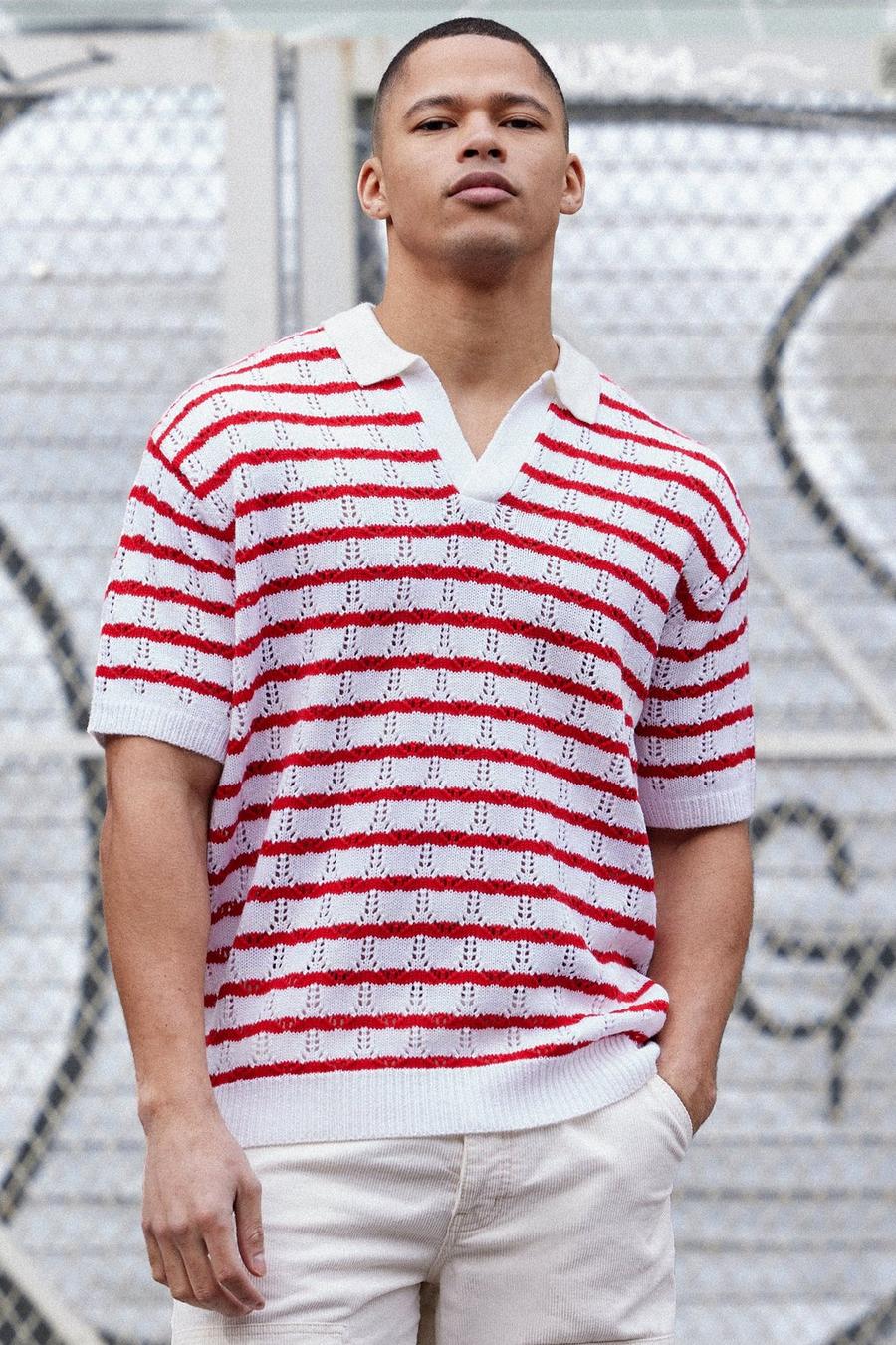 Short Sleeve Oversized Crochet Stripe Polo In Red