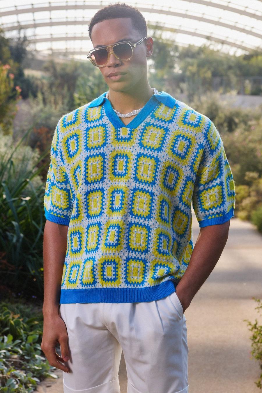 Short Sleeve Boxy Fit Revere Crochet Polo In Blue