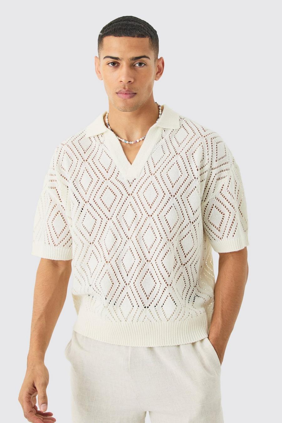 Short Sleeve Boxy Fit Revere Open Knit Polo In Ecru image number 1