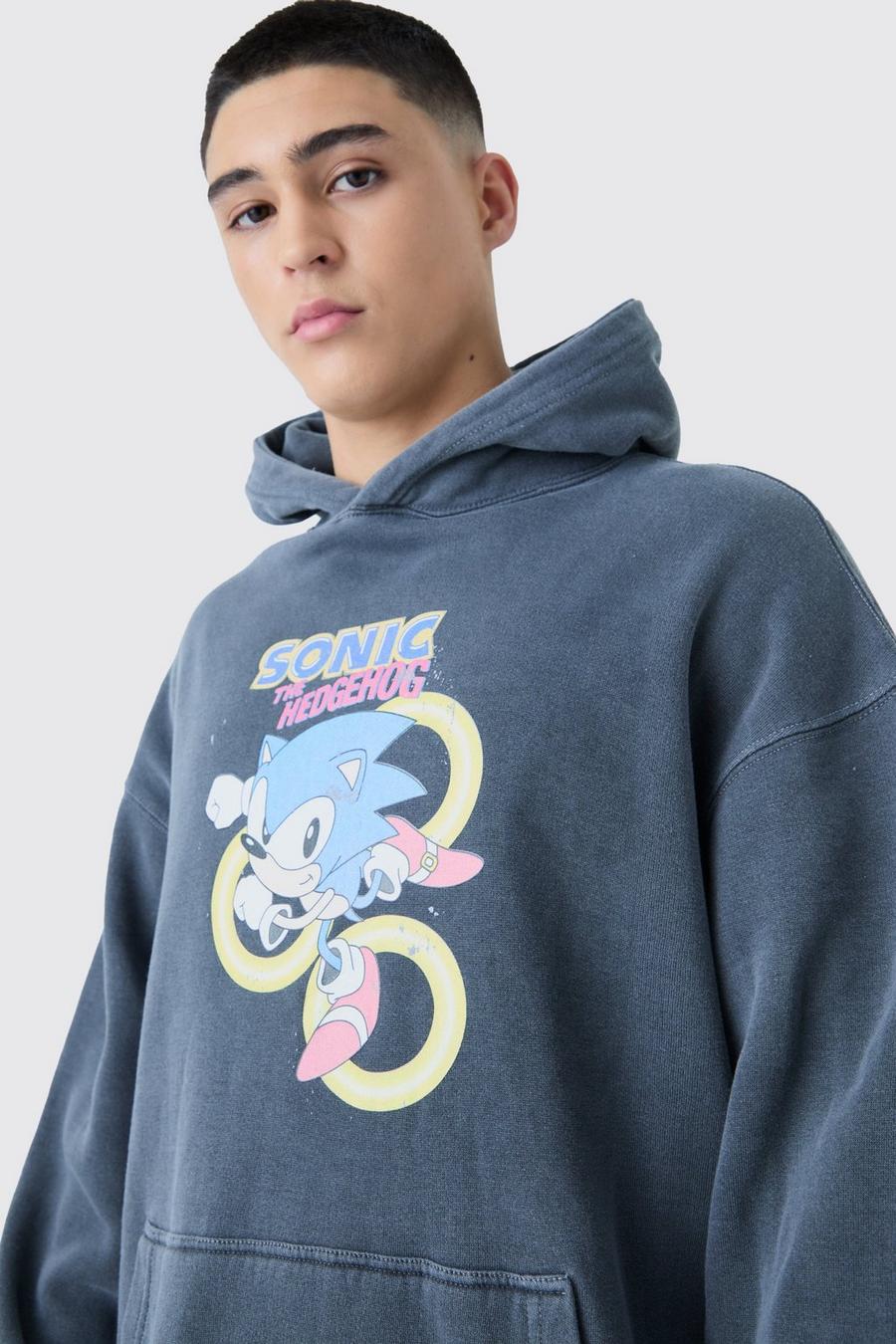 Charcoal Oversized Gelicenseerde Overdye Sonic Hoodie