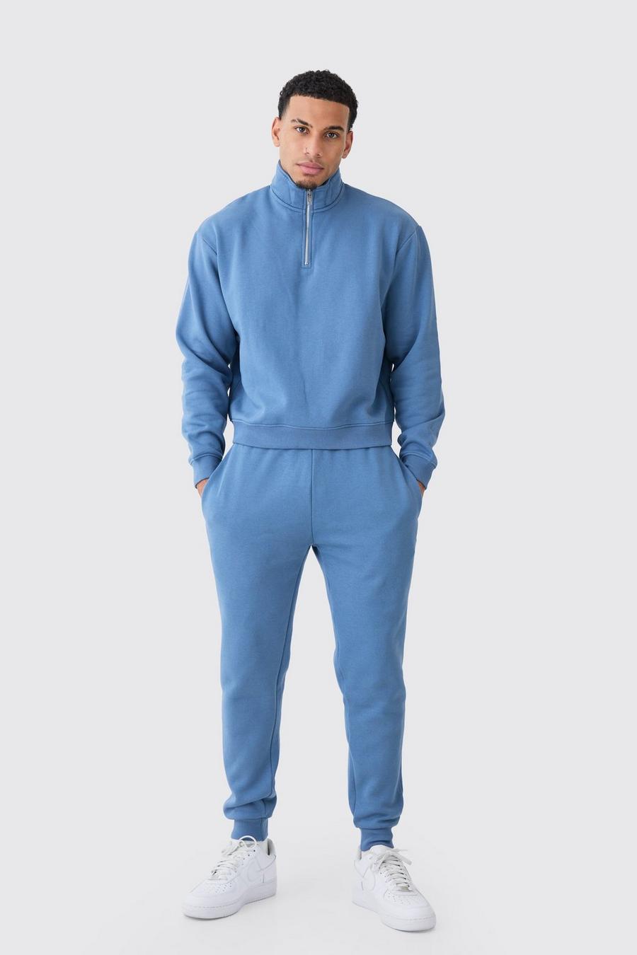 Kastiger Oversize Sweatshirt-Trainingsanzug mit 1/4 Reißverschluss, Slate blue