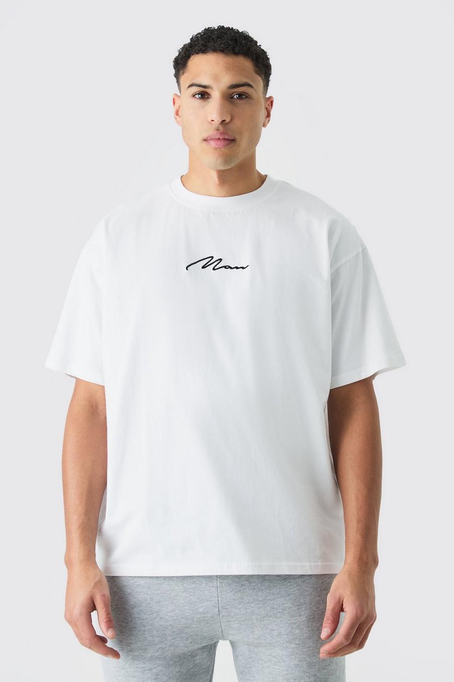 Oversize Man Signature Rundhals T-Shirt, White image number 1