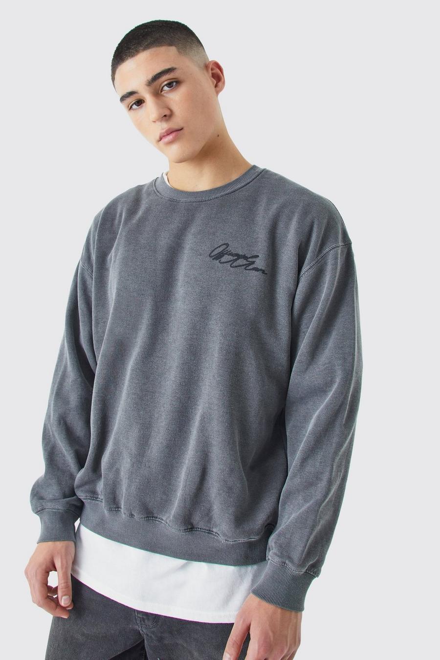 Kastiges Oversize Sweatshirt mit Acid-Waschung und Man-Print, Charcoal image number 1