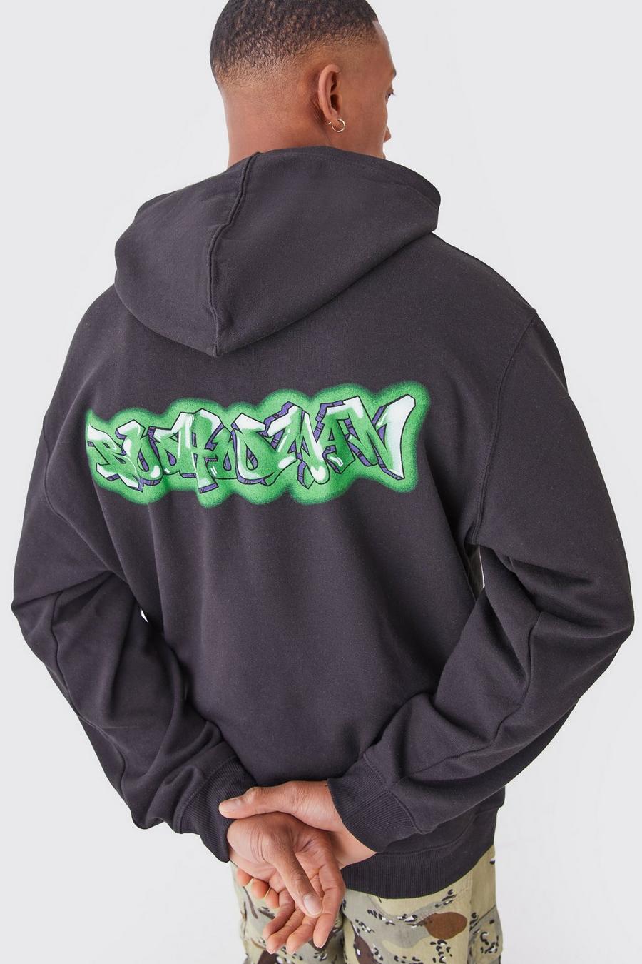Black MAN Oversize hoodie med graffititryck image number 1