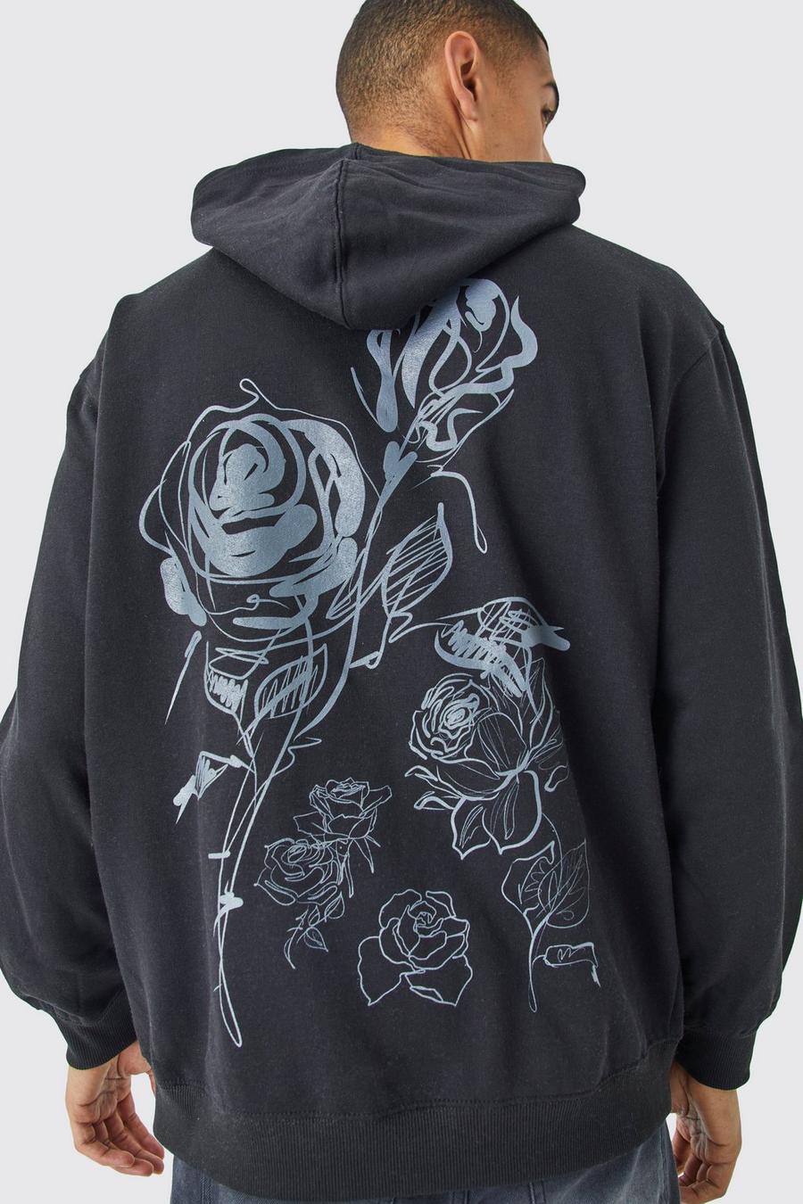 Black Oversized Rose Graphic Hoodie 