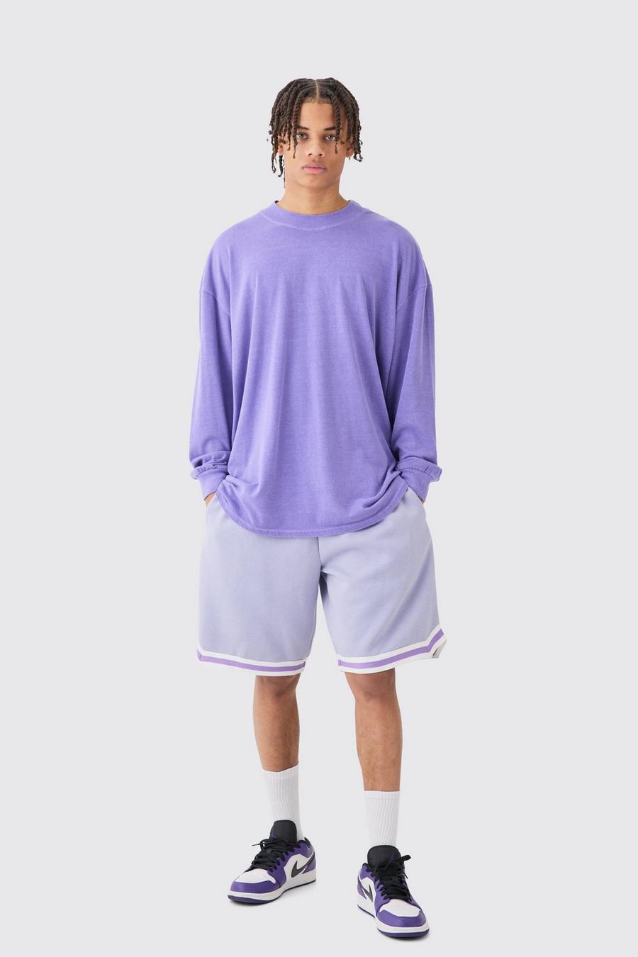 Pantalón corto oversize de largo medio y tela jersey estilo baloncesto con cinta, Lilac image number 1