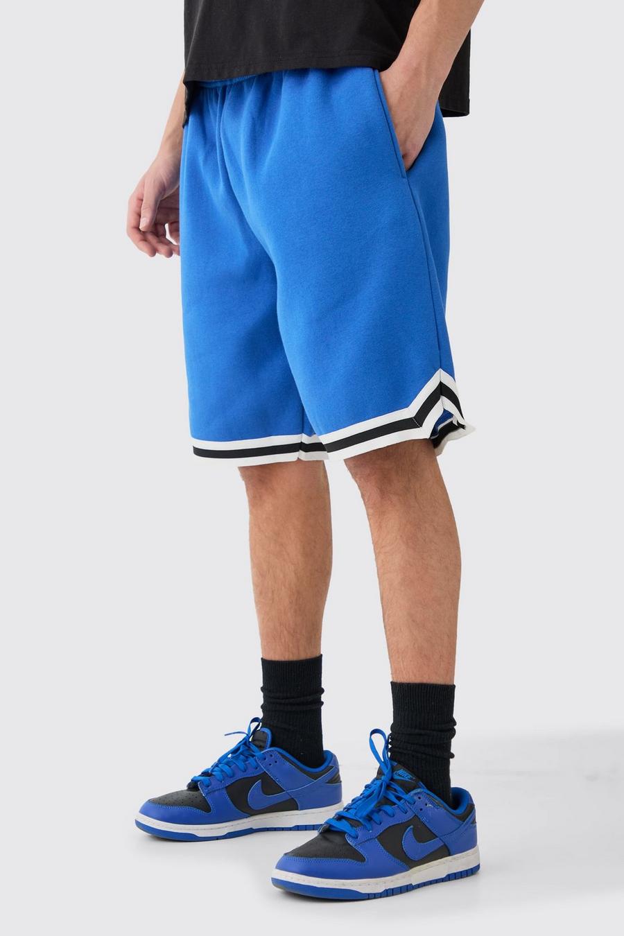 Mittellange Oversize Basketball-Shorts mit Jersey-Streifen, Blue