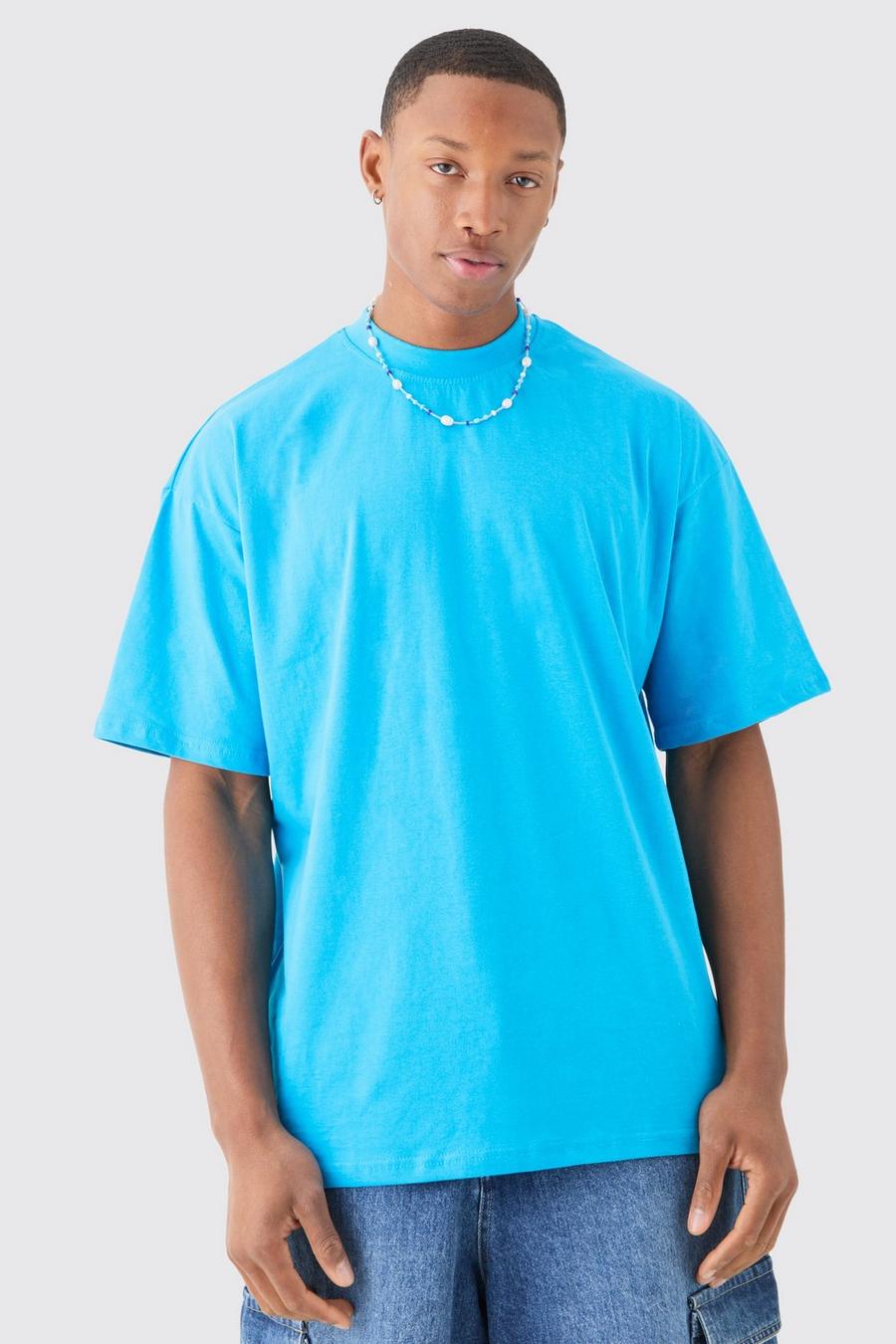 Bright blue Oversized Basic T-Shirt Met Brede Nek