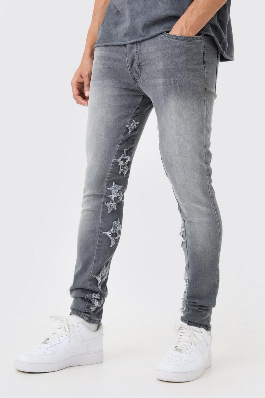 Skinny Stretch Overdyed Applique Gusset Jeans In Grey