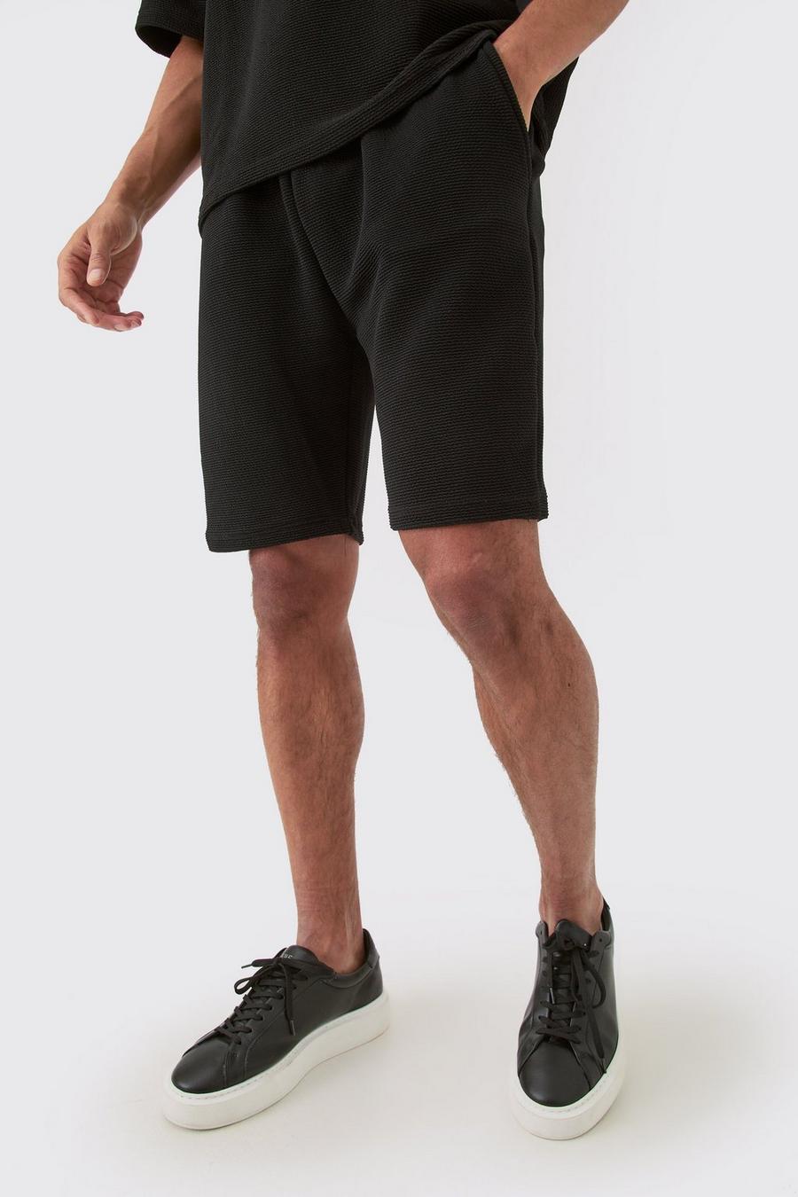 Black Loose Fit Mid Length Textured Shorts image number 1
