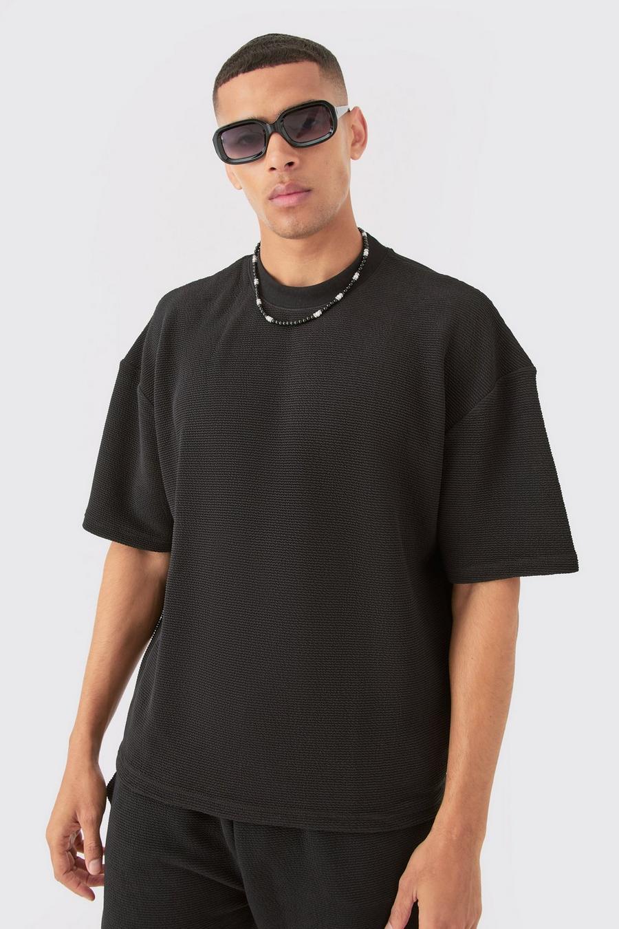 Black Oversized Boxy Extended Neck Textured T-shirt image number 1