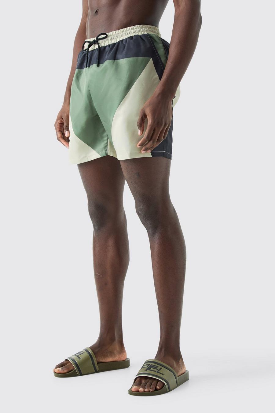 Khaki Mid Length Colour Block Swim Short