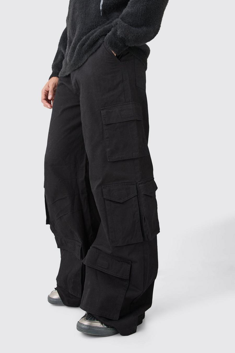 Black Extreme Baggy Rigid Multi Cargo Pocket Trousers image number 1