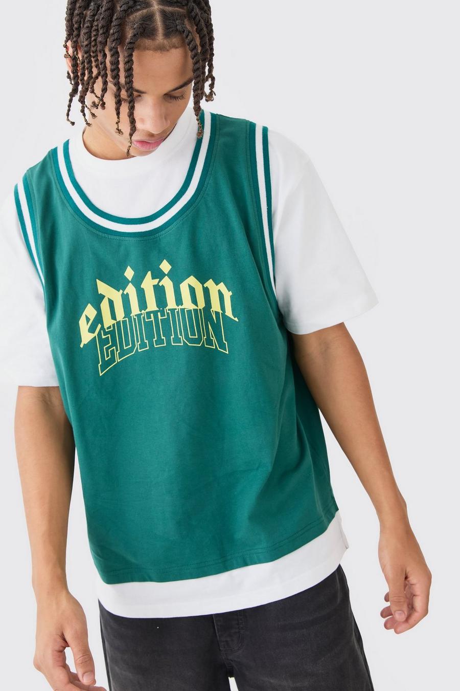 Camiseta oversize gruesa con cuello extendido y estampado universitario, Green