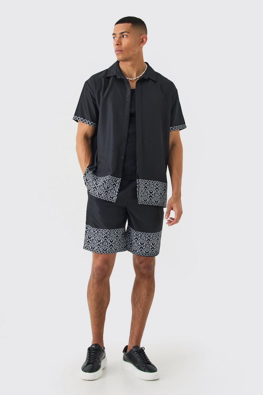 Pantalón corto y camisa oversize de sarga suave con estampado en el bajo, Black image number 1