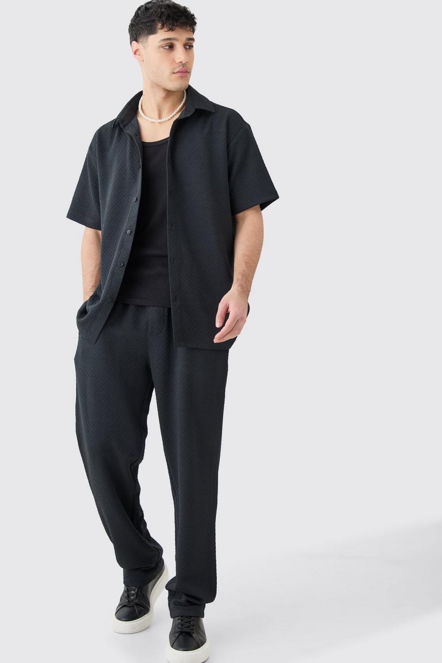 Black Short Sleeve Oversized Geo Stretch Shirt & Trouser 