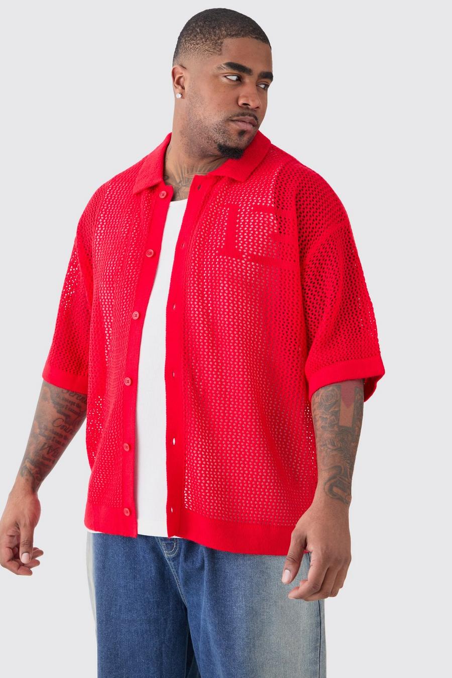 Camicia Plus Size rossa a maniche corte in maglia traforata stile Varsity, Red