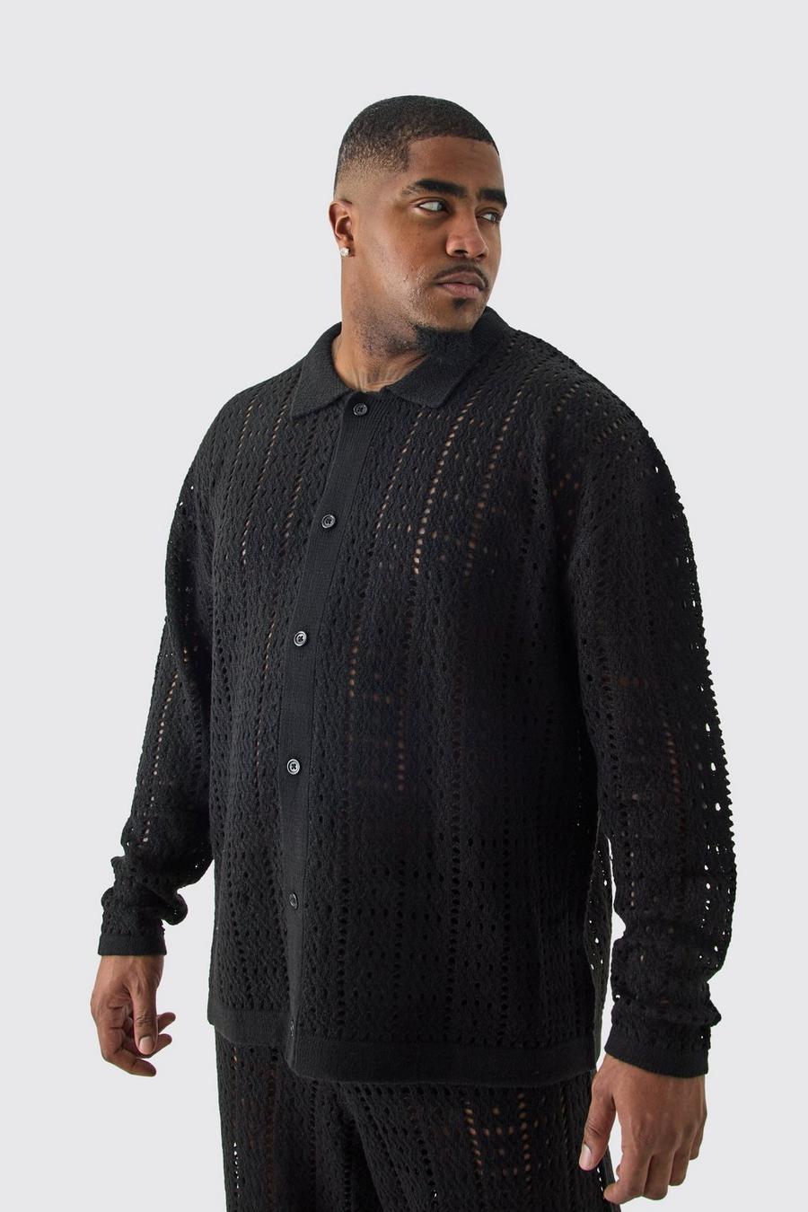 Plus Oversized Long Sleeve Crochet Knit Shirt In Black