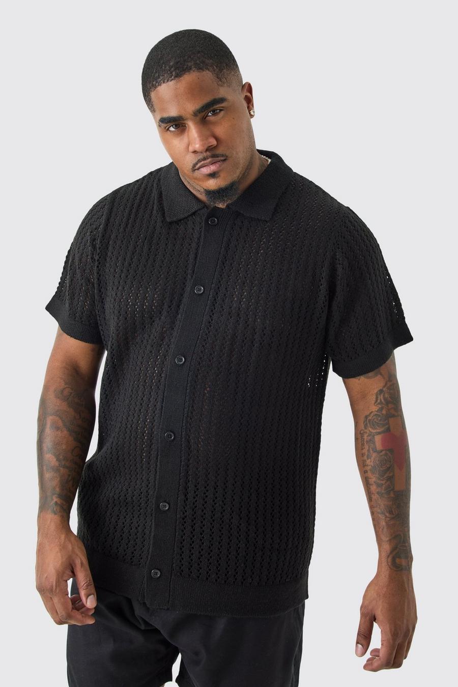 Black Plus Gebreid Overhemd Met Open Stiksels En Korte Mouwen In Zwart