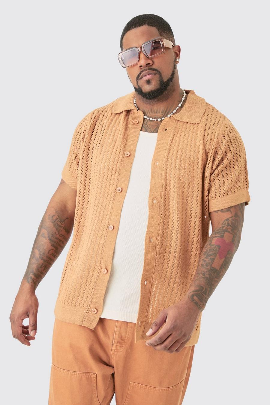 Camicia Plus Size a maniche corte in maglia traforata color talpa, Taupe