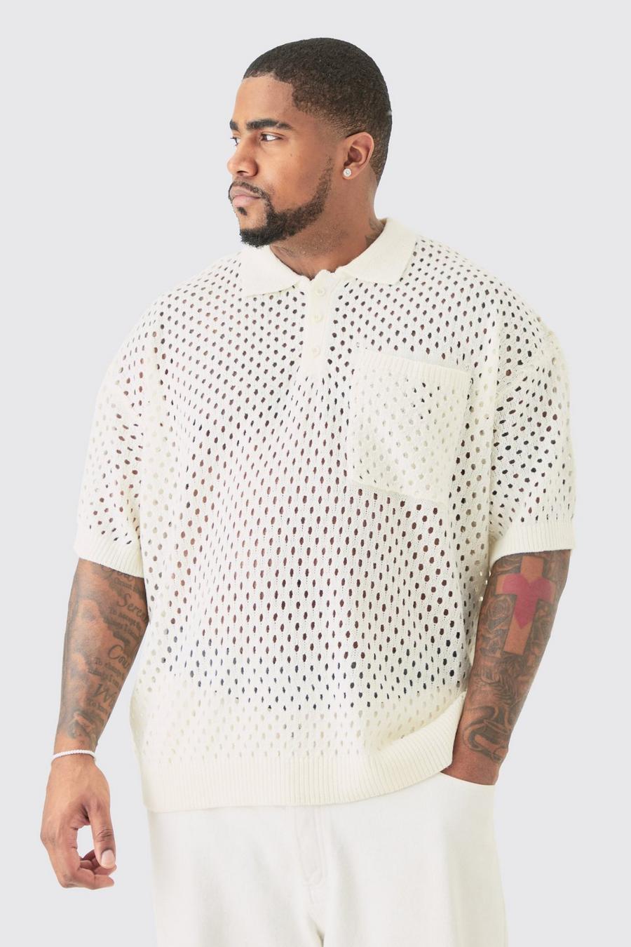 Plus Boxy Fit Crochet Knitted V-neck Polo In Ecru