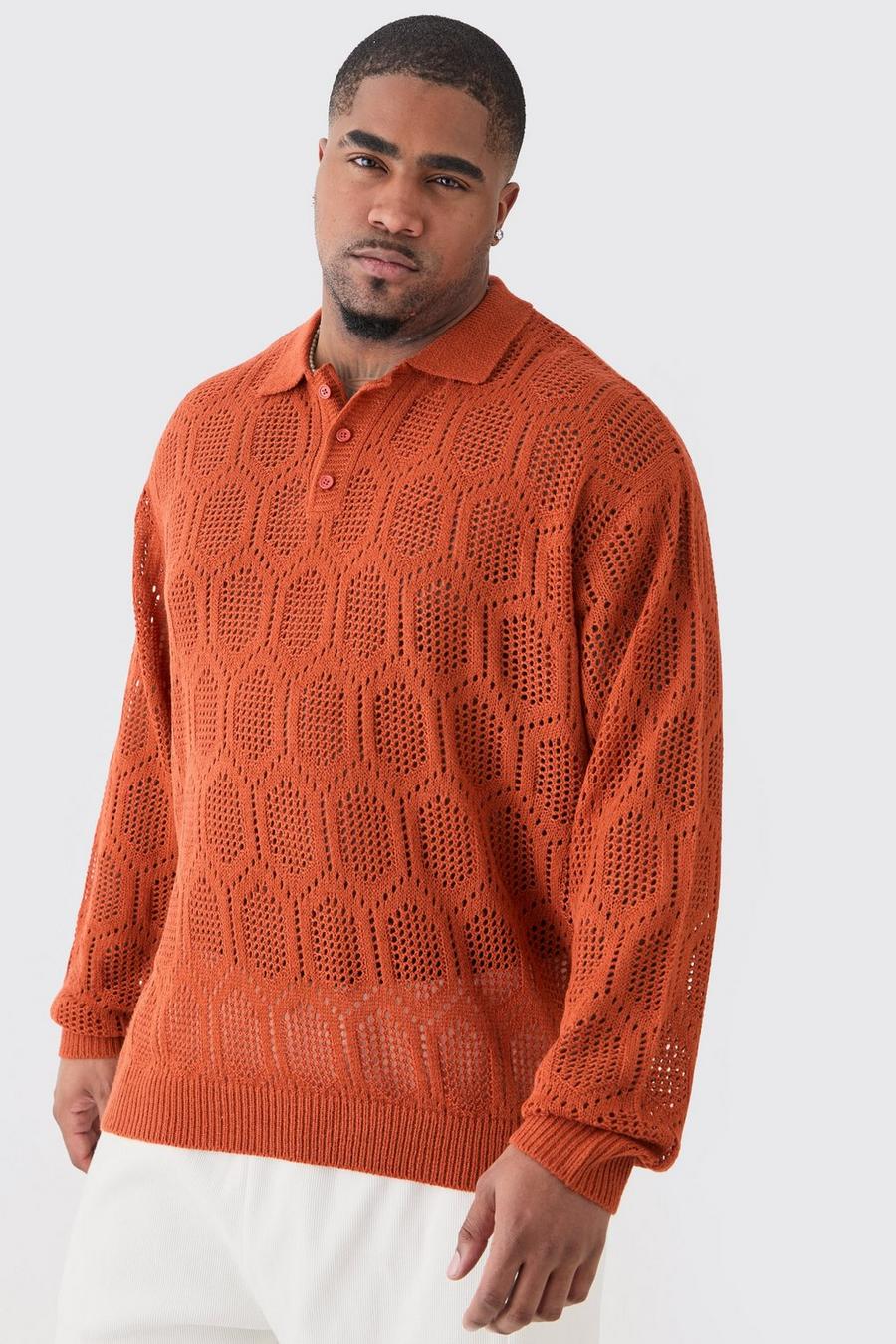 Plus Oversized Long Sleeve Crochet Knit Polo In Rust image number 1