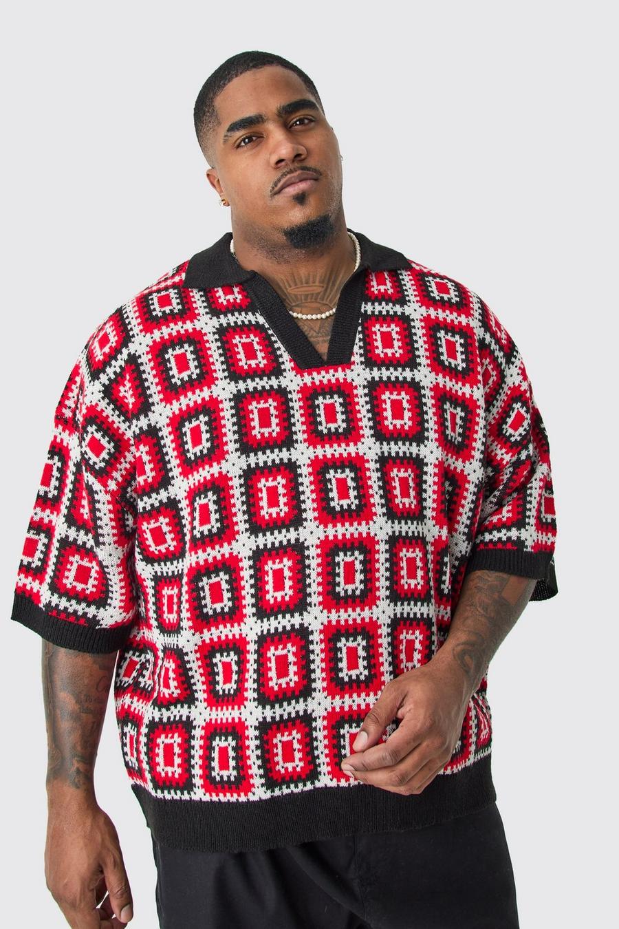Plus Short Sleeve Boxy Fit Crochet Knit Polo In Red