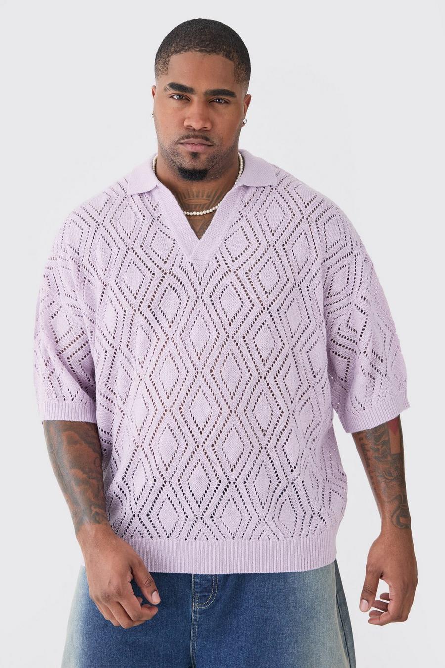 Plus Short Sleeve Boxy Fit Revere Open Knit Polo In Lilac