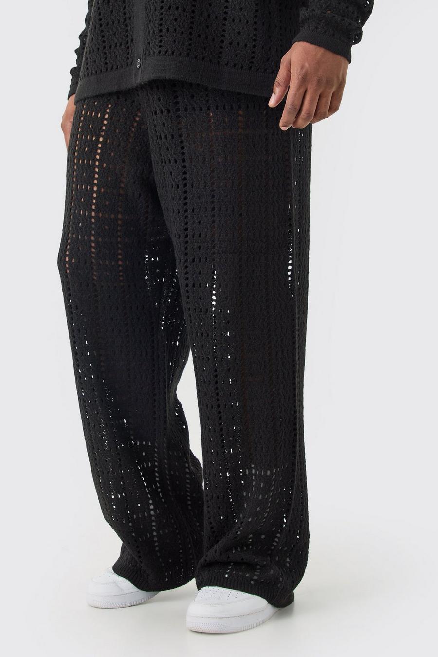 Pantaloni Plus Size rilassati in maglia all’uncinetto neri, Black image number 1