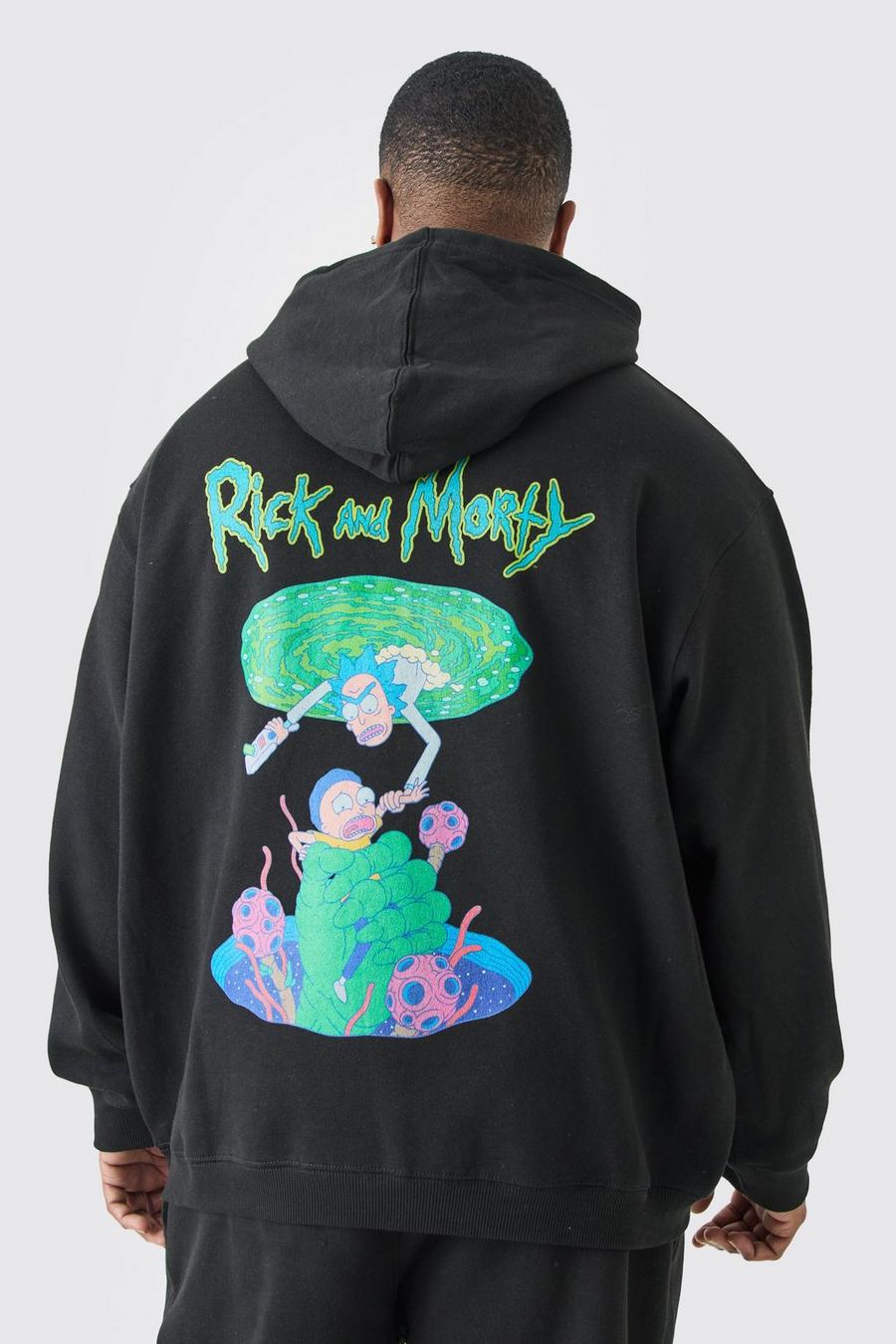 Plus Oversize Hoodie mit Rick & Morty Print, Black