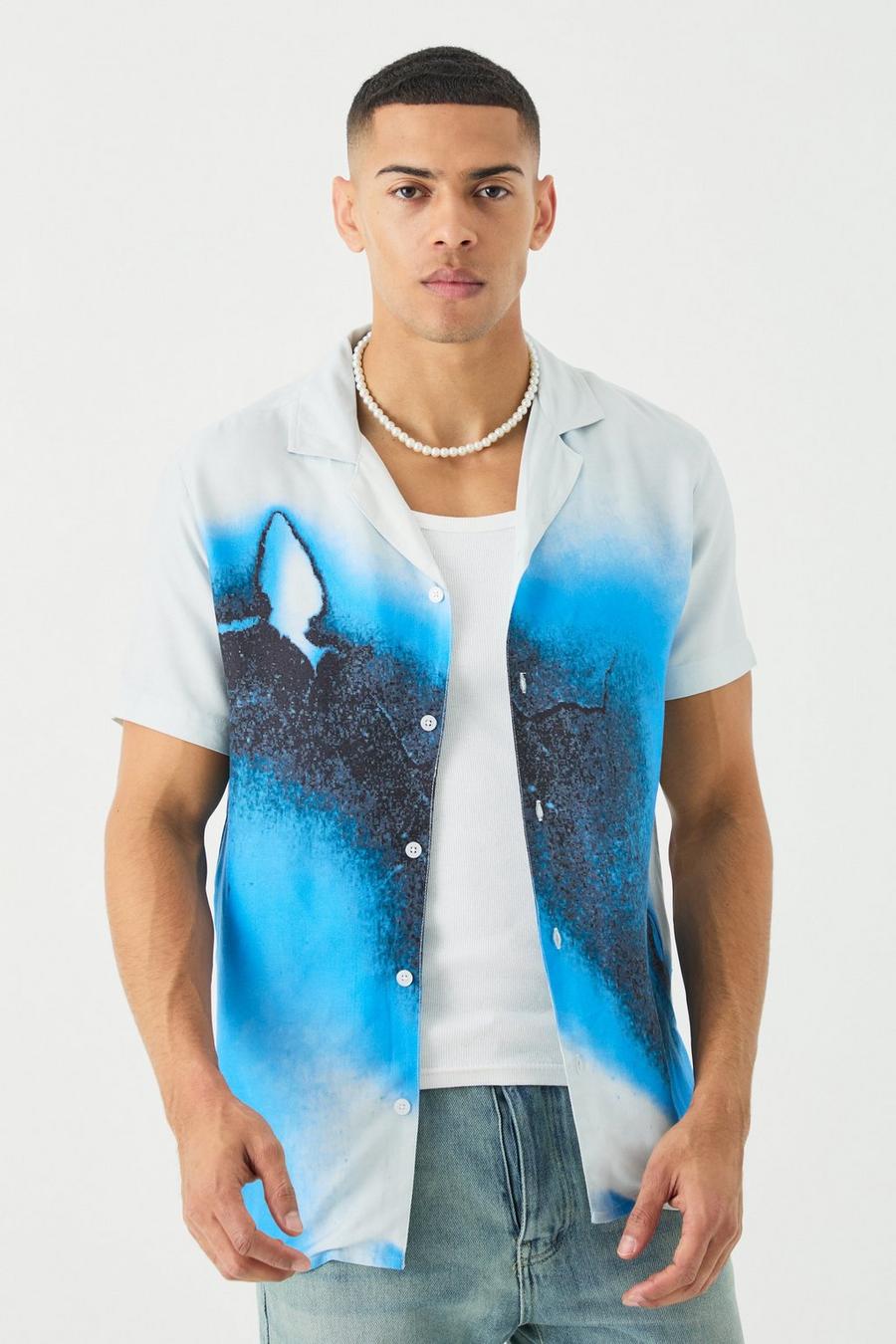 Blue Short Sleeve Viscose Burnt Ombre Shirt image number 1