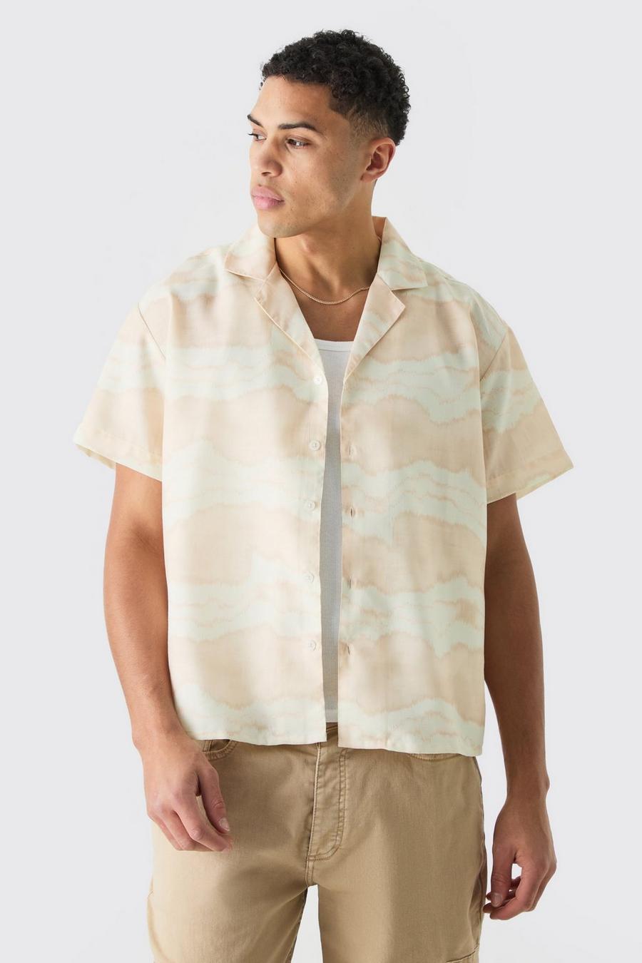 Beige Short Sleeve Boxy Slub Tie Dye Stripe Shirt  image number 1