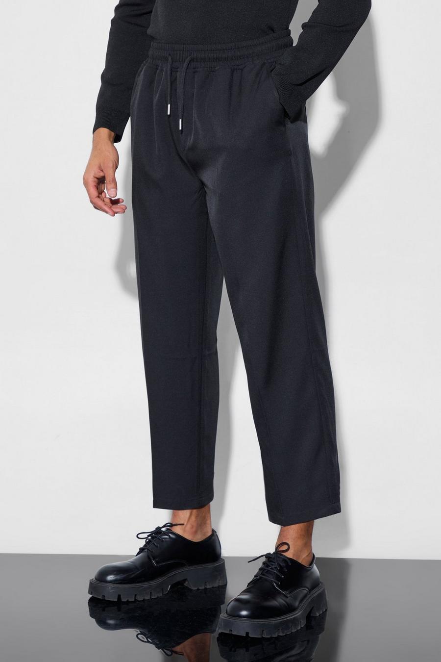Black Drawcord Cropped Slim Fit Tailored Trousers image number 1