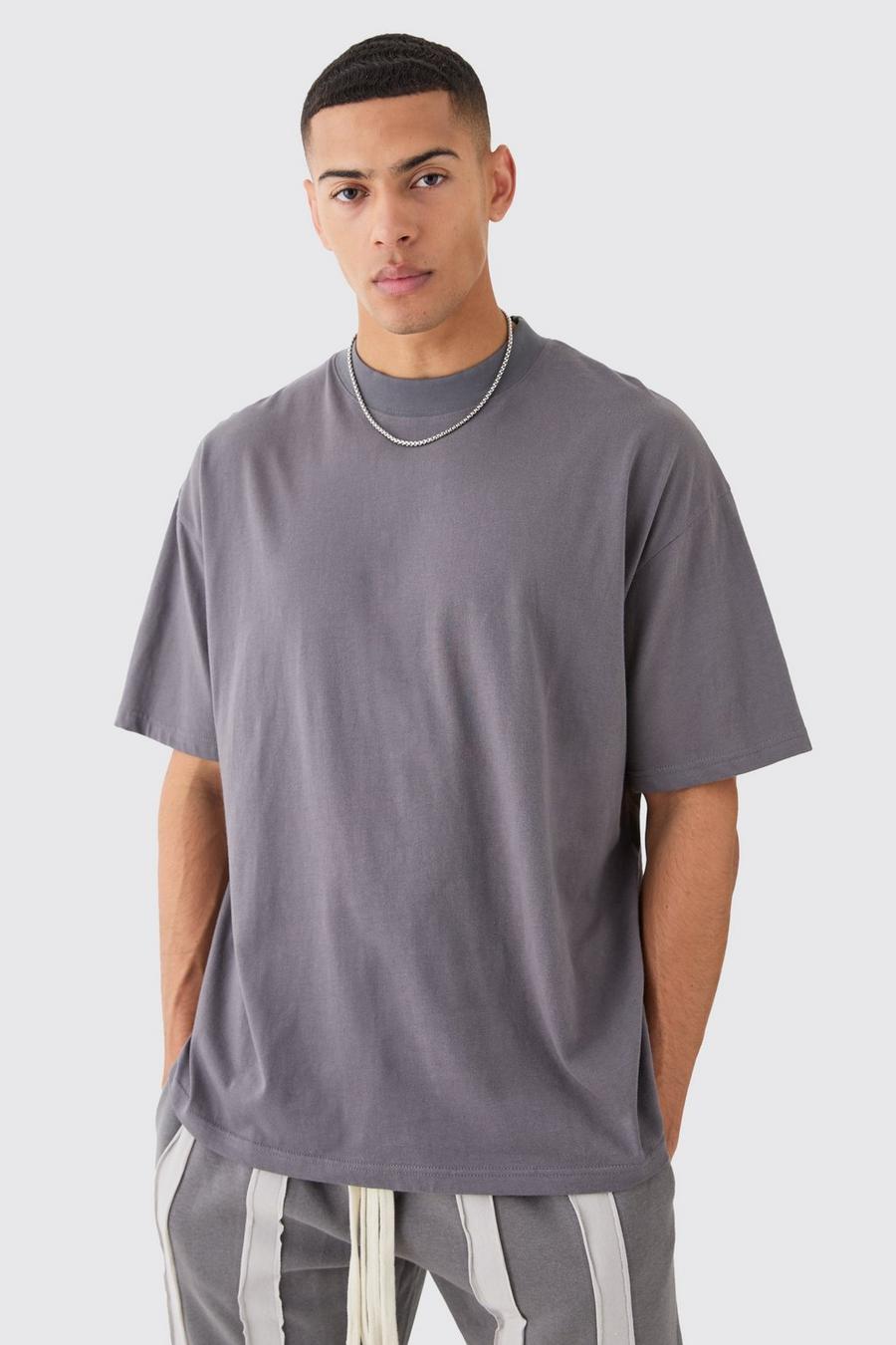 T-shirt oversize con girocollo esteso, Charcoal