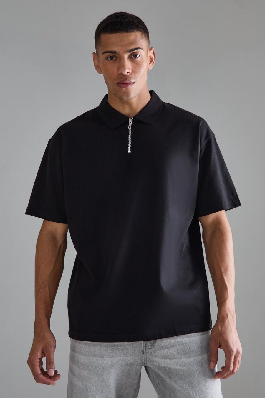 Oversize Poloshirt mit Reißverschluss, Black