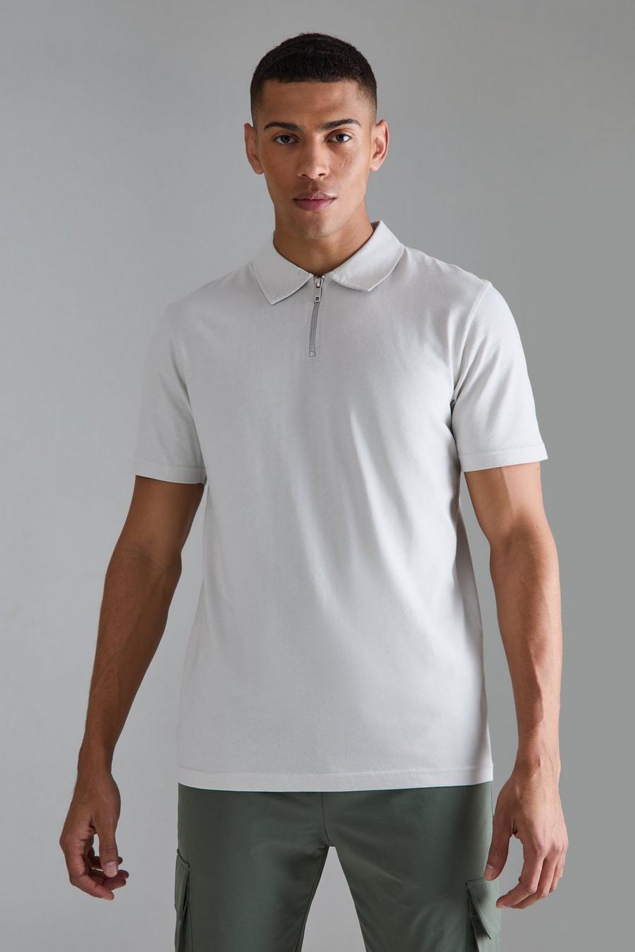 Slim-Fit Poloshirt mit Reißverschluss, Light grey