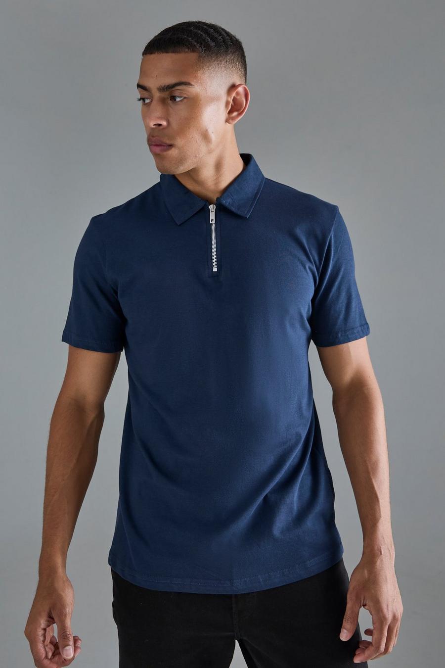 Slim-Fit Poloshirt mit Reißverschluss, Navy