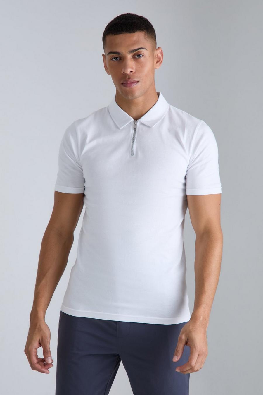 White Muscle Zip Neck slim Polo