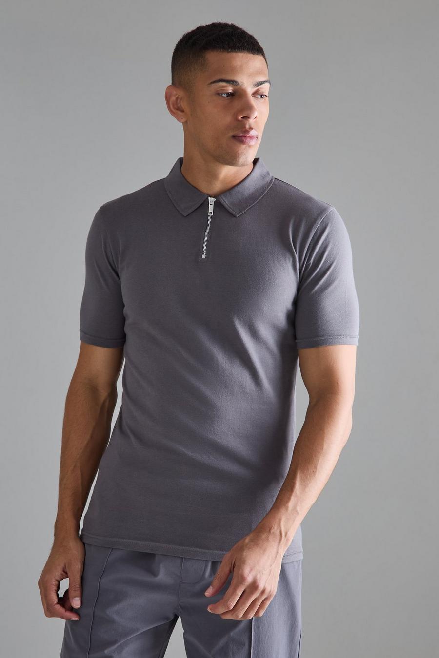 Muscle-Fit Poloshirt mit Reißverschluss, Charcoal