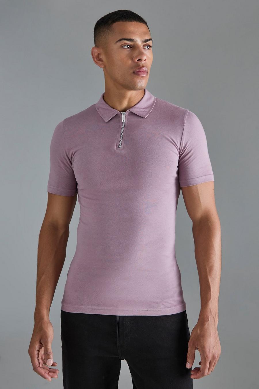 Mauve Muscle Zip Neck Polo image number 1