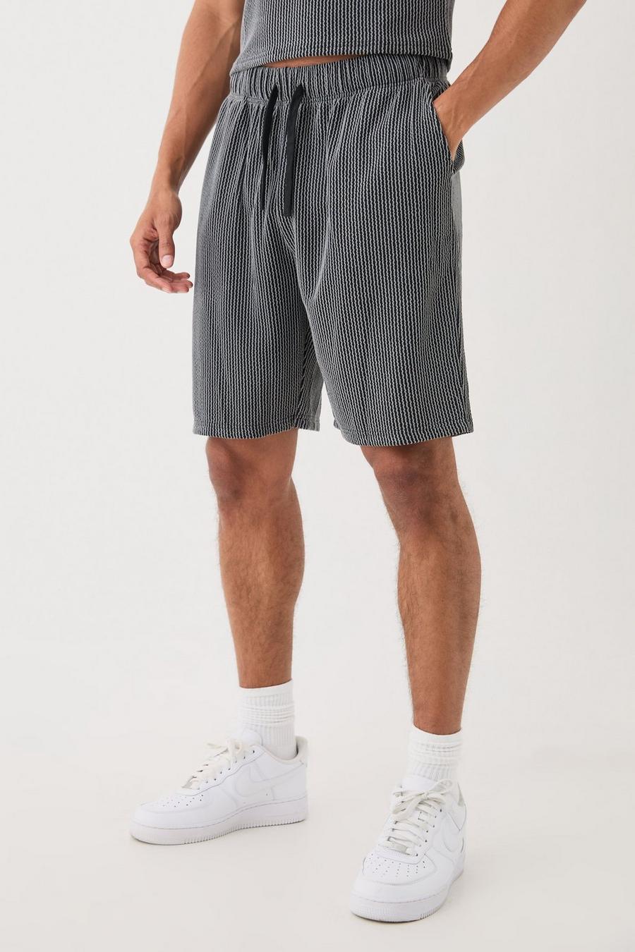 Black Relaxed Fit Mid Length Stripe Texture Shorts