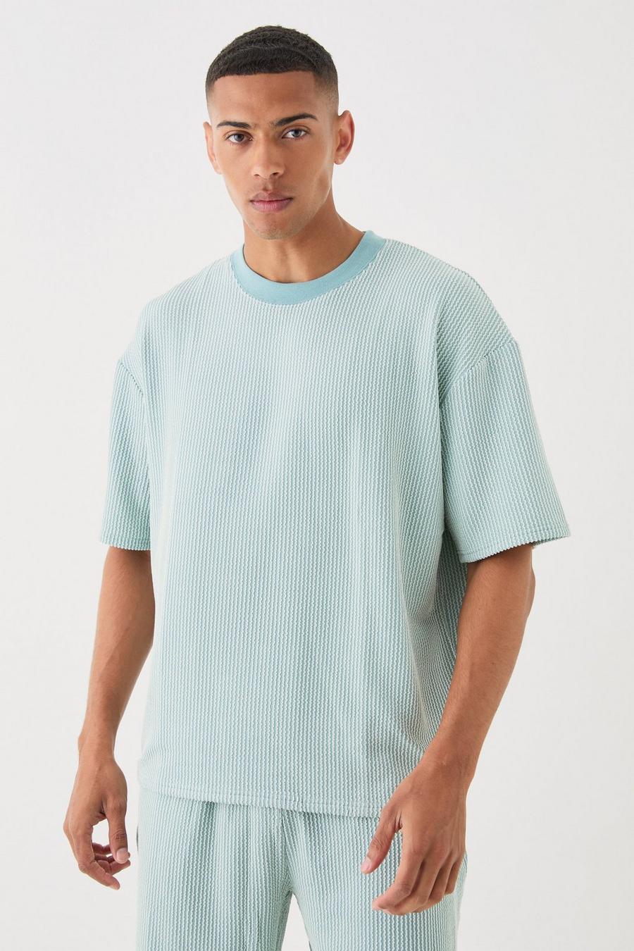 Camiseta oversize recta texturizada de rayas con cuello extendido, Dusty blue image number 1