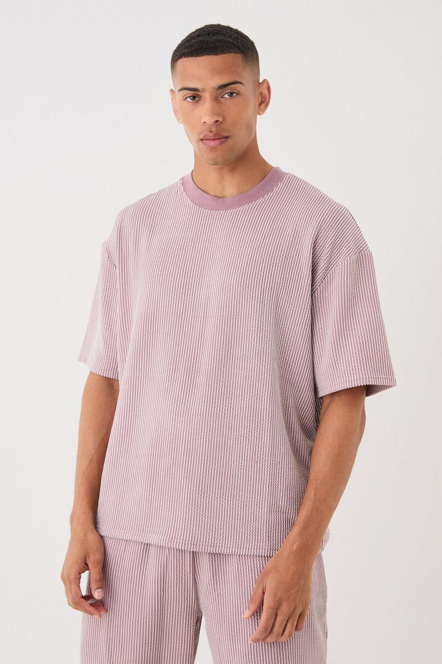 Mauve Oversized Boxy Extended Neck Stripe Texture T-shirt Canada image number 1